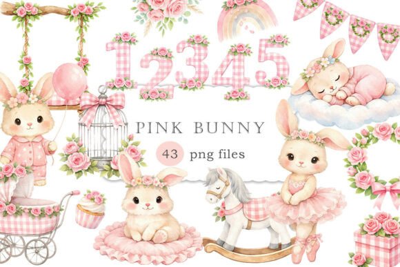 Download Watercolor Pink Bunny Clip Art Set PNG - Clip art set Collection